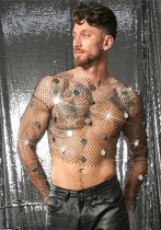 Men Diamond-Encrusted Fishnet Sparkling Rhinestone Mesh Top Men Diamond-Encrusted Fishnet Sparkling Rhinestone Mesh Top