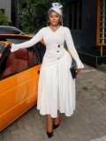 Plus-Size Women Autumn V-Neck Pleated Maxi Dress