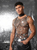 Men Diamond-Encrusted Hollow Sequin Mesh Sexy Nightclub Party Sleeveless Top