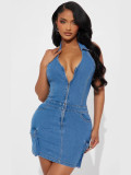 Women Halter Neck Denim Bodycon Dress