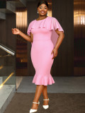Plus-Size Women Style Cape Round Neck Ruffle Bodycon Formal Party Fishtail Dress