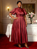 Plus-Size Women Lantern Puff Sleeve Ruffle Belted Sequined Formal Party Dress
