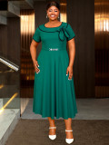 Plus-Size Women Turndown Collar Bow Contrast Short-Sleeved Belted Dress