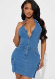 Women Halter Neck Denim Bodycon Dress