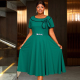 Plus-Size Women Turndown Collar Bow Contrast Short-Sleeved Belted Dress
