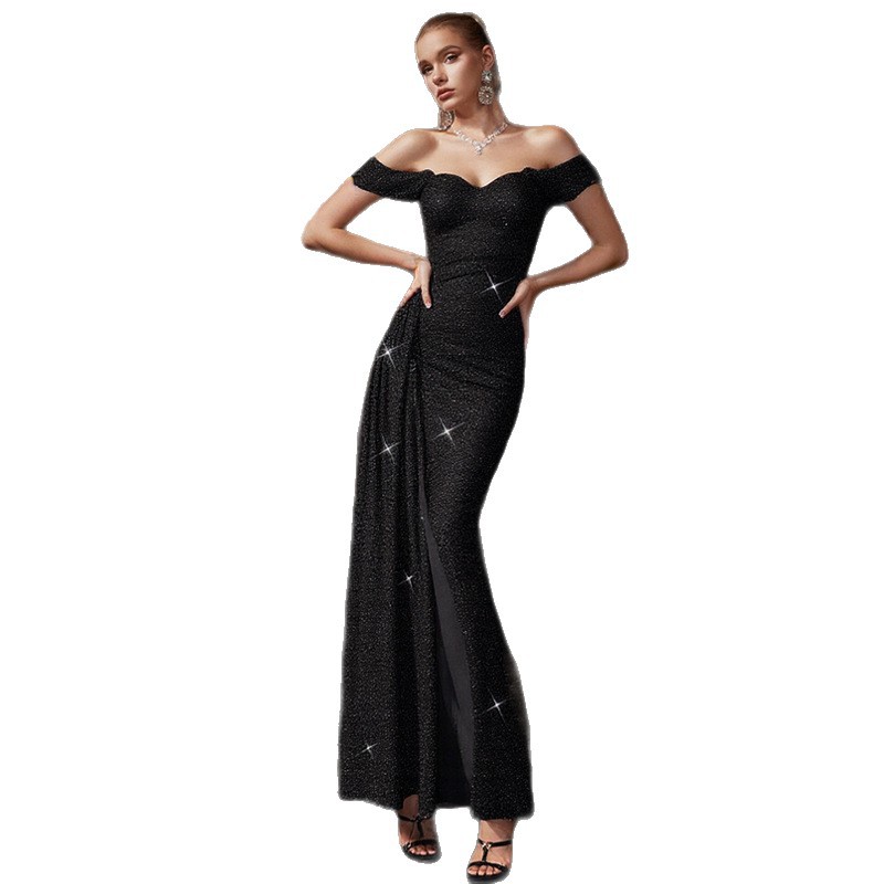 Women Black Sequined Strapless Off-Shoulder Ribbon High Slit Evening Dress