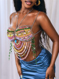 Women Vest Multi-Color Multi-Color Tassel Pendant Top with Body Chain and Chestnut Chain