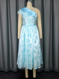 Women Slash Shoulder Contrast Jacquard Formal Party Dress