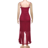 Women Sexy Backless Mesh Suspender Solid Dress