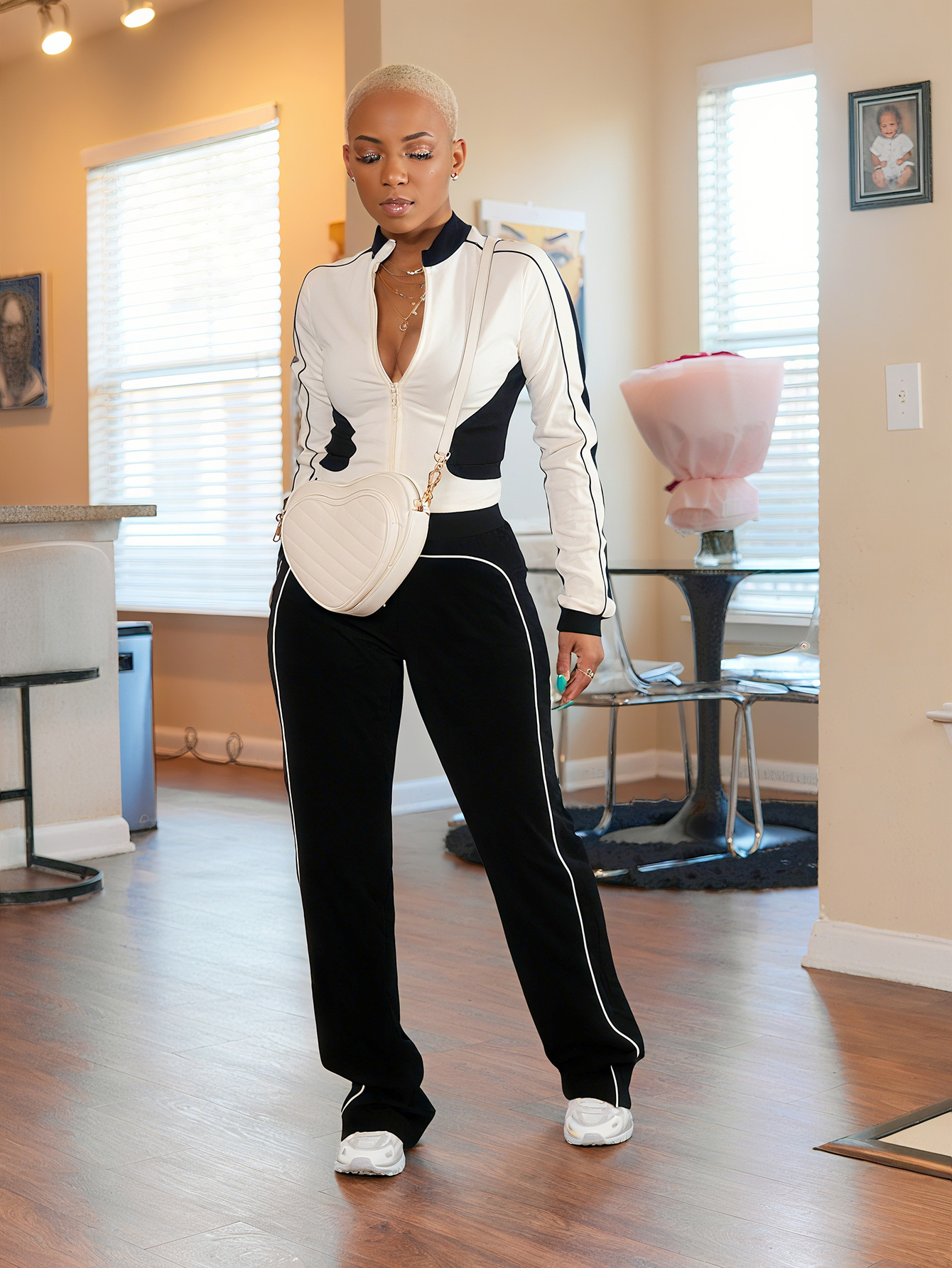 Women Gray and White Casual Patchwork Zipper Top and Pants Two-Piece Set