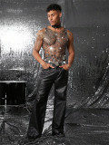 Men Diamond-Encrusted Hollow Sequin Mesh Sexy Nightclub Party Sleeveless Top