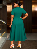 Plus-Size Women Turndown Collar Bow Contrast Short-Sleeved Belted Dress