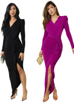 Women Autumn Long-Sleeved V-Neck Slit Dress
