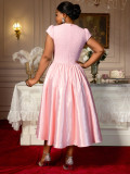 Plus-Size Women Elegant Rose Jacquard Patchwork Bow Short-Sleeved Party Dress