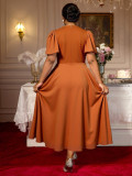 Plus-Size Women Turndown Collar Beaded V-Neck Puff Sleeve Belted Dress
