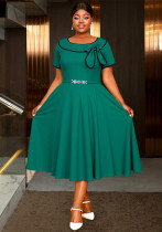 Plus-Size Women Turndown Collar Bow Contrast Short-Sleeved Belted Dress