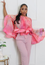 Women Sexy Off-The-Shoulder Mesh Print Bell Bottom Sleeve Top Women Sexy Off-The-Shoulder Mesh Print Bell Bottom Sleeve Top
