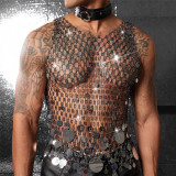 Men Diamond-Encrusted Hollow Sequin Mesh Sexy Nightclub Party Sleeveless Top