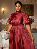 Plus-Size Women Lantern Puff Sleeve Ruffle Belted Sequined Formal Party Dress