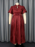 Plus-Size Women Lantern Puff Sleeve Ruffle Belted Sequined Formal Party Dress