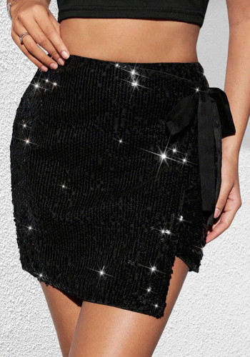 Women Black Sequined Lace-Up Zippered Hot Shorts with Wide Legs