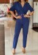 Women Fall Turndown Collar Colorblock Short-Sleeve Jumpsuit