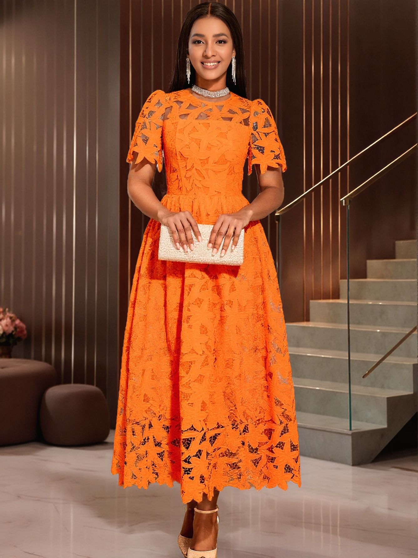 Women Round Neck Elegant Lace See-Through Formal Party Dress