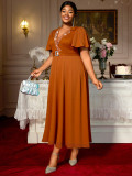 Plus-Size Women Turndown Collar Beaded V-Neck Puff Sleeve Belted Dress
