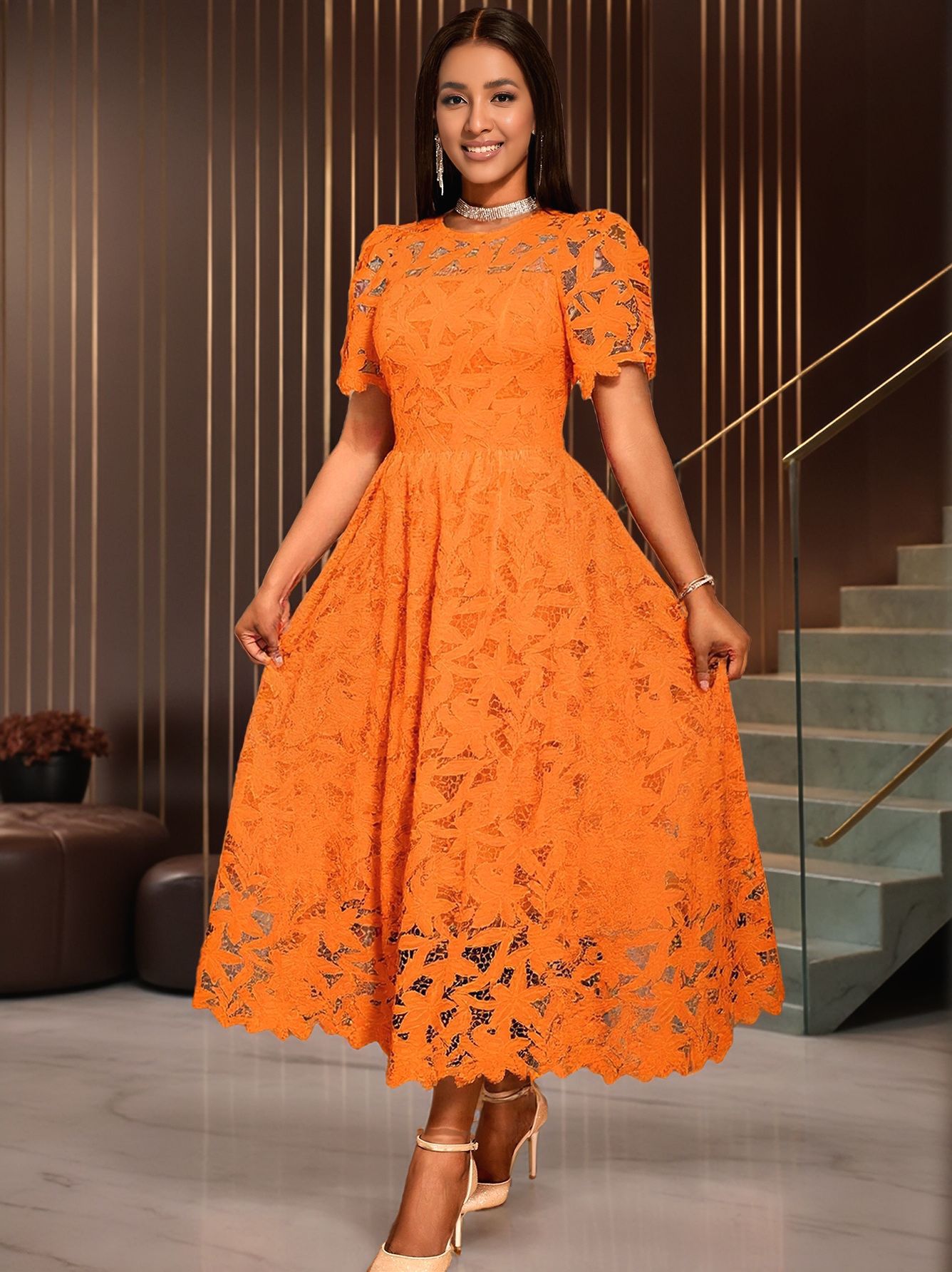 Women Round Neck Elegant Lace See-Through Formal Party Dress