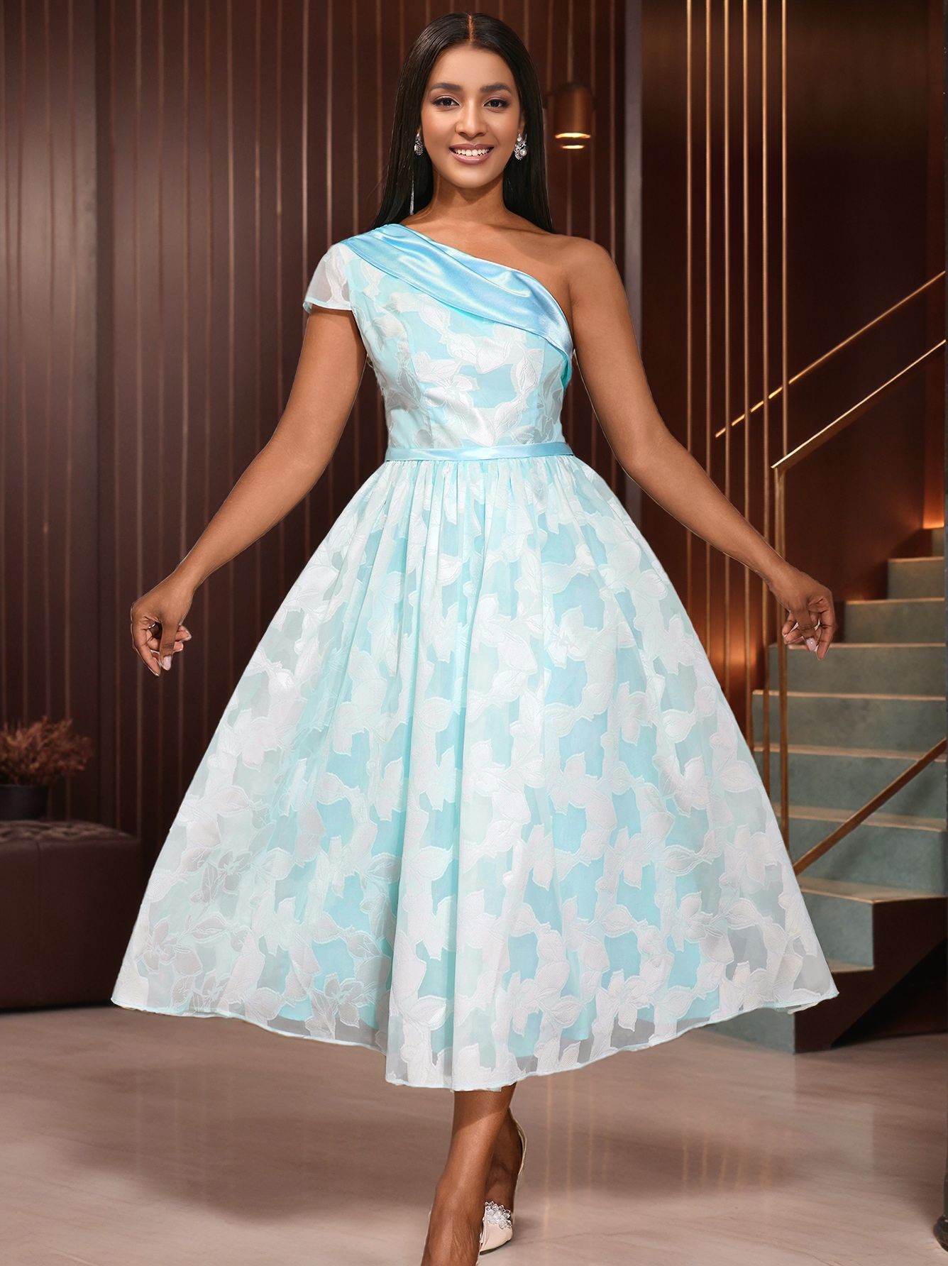 Women Slash Shoulder Contrast Jacquard Formal Party Dress