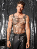 Men Strappy Sparkling Rhinestone See-Through Sexy Rhinestone Fishnet Top
