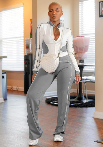 Women Gray and White Casual Patchwork Zipper Top and Pants Two-Piece Set