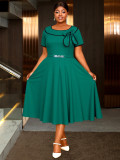 Plus-Size Women Turndown Collar Bow Contrast Short-Sleeved Belted Dress