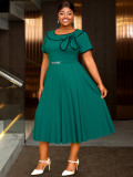Plus-Size Women Turndown Collar Bow Contrast Short-Sleeved Belted Dress