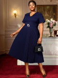 Plus-Size Women V-Neck Square-Button Elegant Pleated Dress