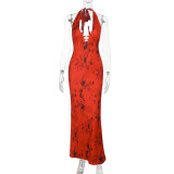 V-Neck Print Halter Neck Low Back Autumn Sexy Slim Fit Long Dress