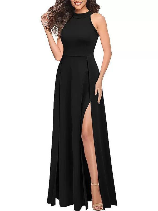 Solid Color Round Neck Sleeveless Slim Waist Slit Dress Long Gown
