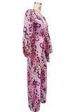 Printed Deep V Long Sleeve Women's Casual Loose Jumpsuit