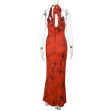 V-Neck Print Halter Neck Low Back Autumn Sexy Slim Fit Long Dress