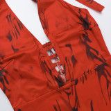 V-Neck Print Halter Neck Low Back Autumn Sexy Slim Fit Long Dress