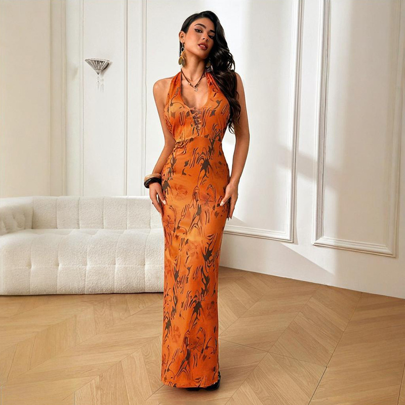 V-Neck Print Halter Neck Low Back Autumn Sexy Slim Fit Long Dress