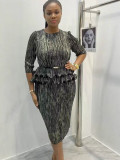 Fashion Pleated Shiny Plus Size African Round Neck Chic Sexy Bodycon Dress