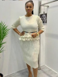 Fashion Pleated Shiny Plus Size African Round Neck Chic Sexy Bodycon Dress