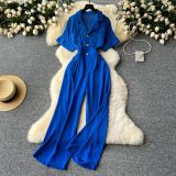 Summer Chic Turn-down Collar Button High Waist Jumpsuit