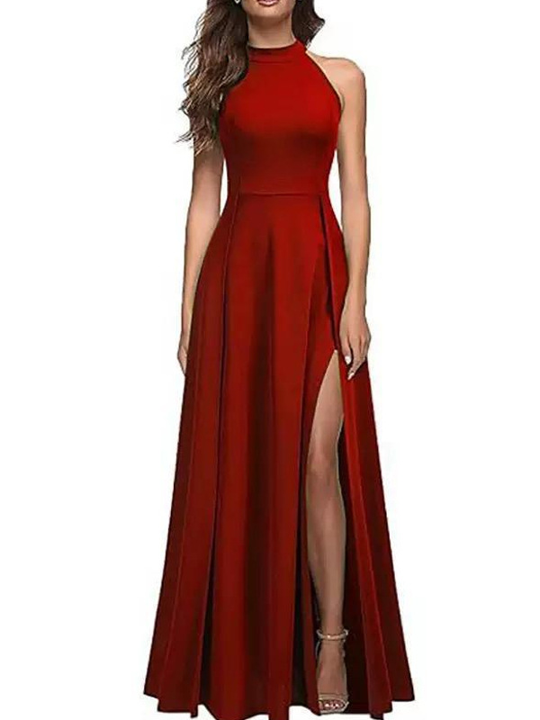 Solid Color Round Neck Sleeveless Slim Waist Slit Dress Long Gown