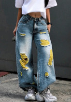 Women's Ripped Loose Color-block Denim Pants