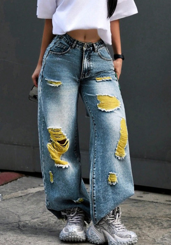 Women's Ripped Loose Color-block Denim Pants