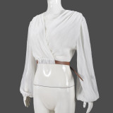 Autumn Thin Top Belt Adjustable Waist Lantern Sleeve Blouse