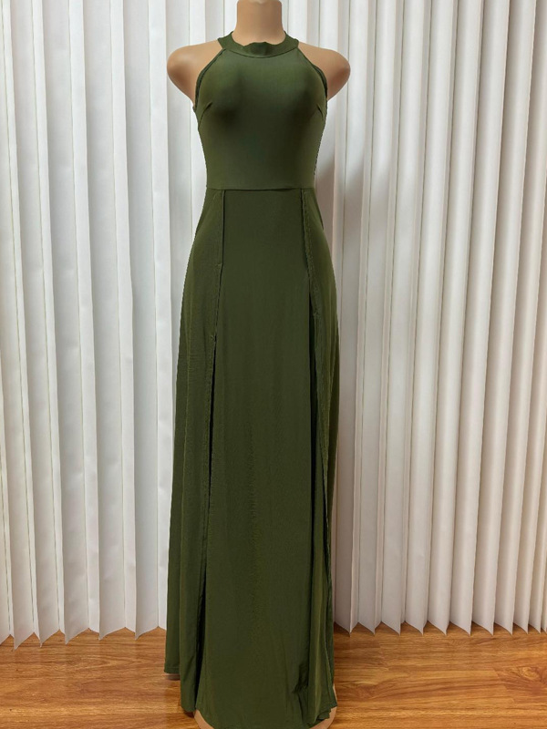 Solid Color Round Neck Sleeveless Slim Waist Slit Dress Long Gown