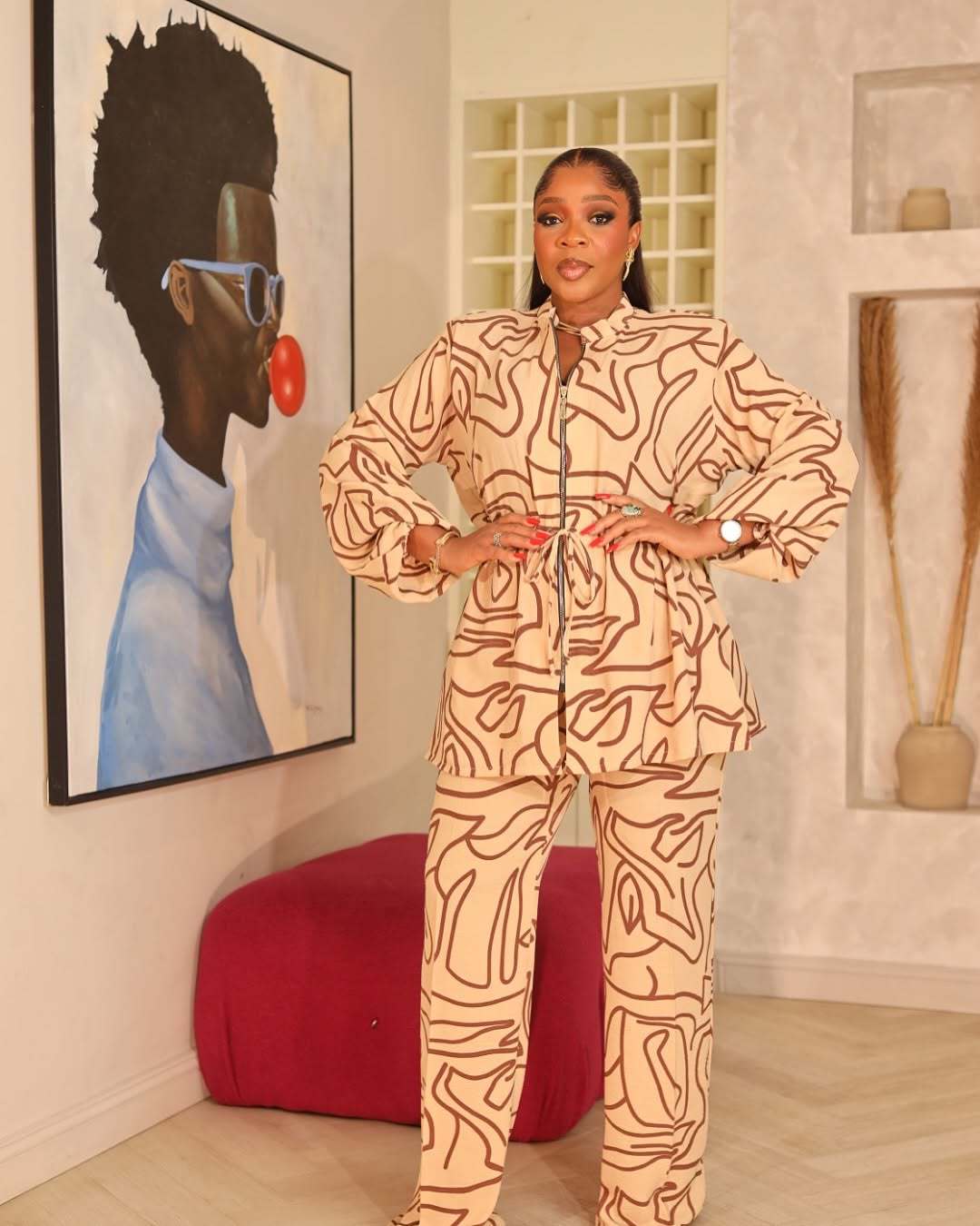 Elegant Stand Collar Print Drawstring Slim Waist Long Sleeve Two-Piece Pants Set